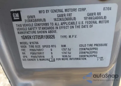 2005 Chevrolet Tahoe Lt z USA, uszkodzony, nr VIN 1GNEK13T05R106826